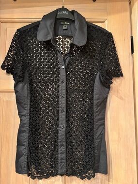 Cartise Black Crochet Button-Up Blouse
